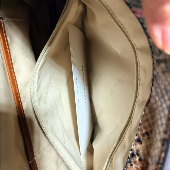 Brahmin Tan Snakeskin Satchel with Pink Accents